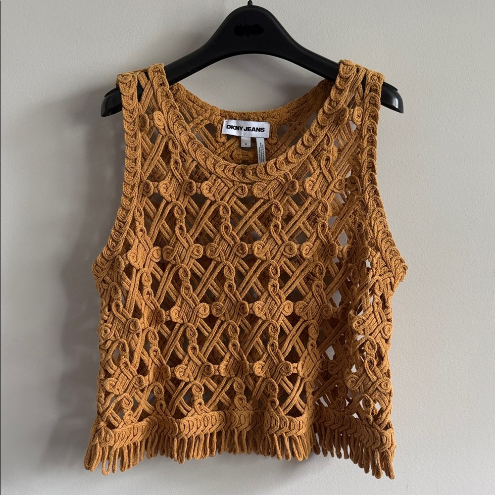 DKNY Fringed Openwork Crochet Sleeveless Mustard Color Top - Size XS
